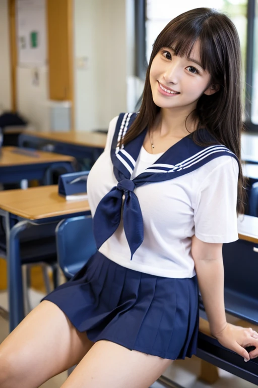 Full body of an adult 45-year-old Japanese woman wearing a blue sailor suit。Big nipples of her very big tits are exposed。spread your legs、You can clearly see her plump, thick thighs and white panties from the very short pleated skirt.。Look here with a smile。There are male students around the classroom.。