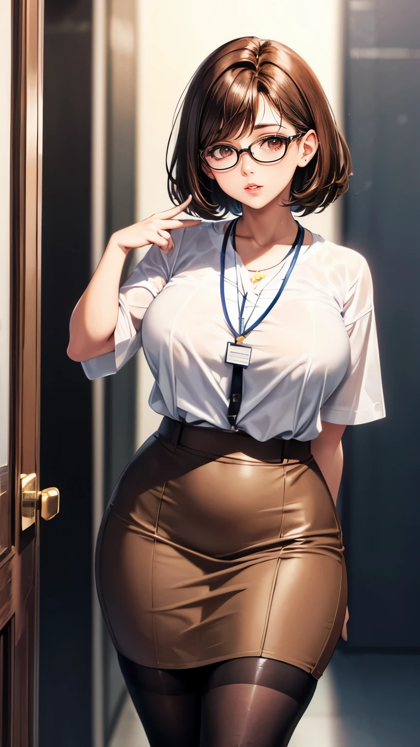 Brown hair short hair　Glasses　white blouse　black tight skirt　stockings　lanyard id card　(35 years old)　plump lips　Eyes meet　