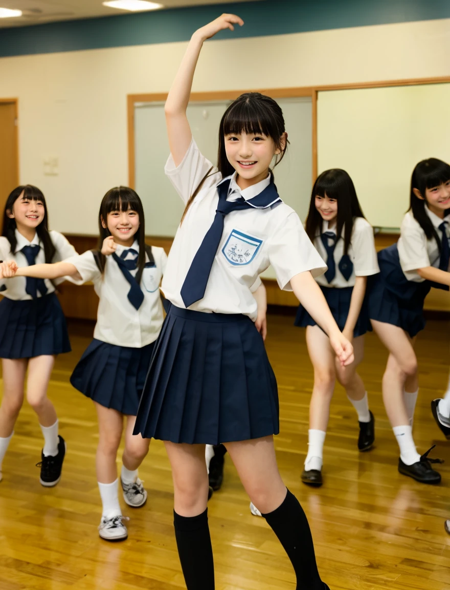 japanese school uniform、Female student、happy expression、15 years old、7 head and body、With bangs、dancing alone、dance violently、