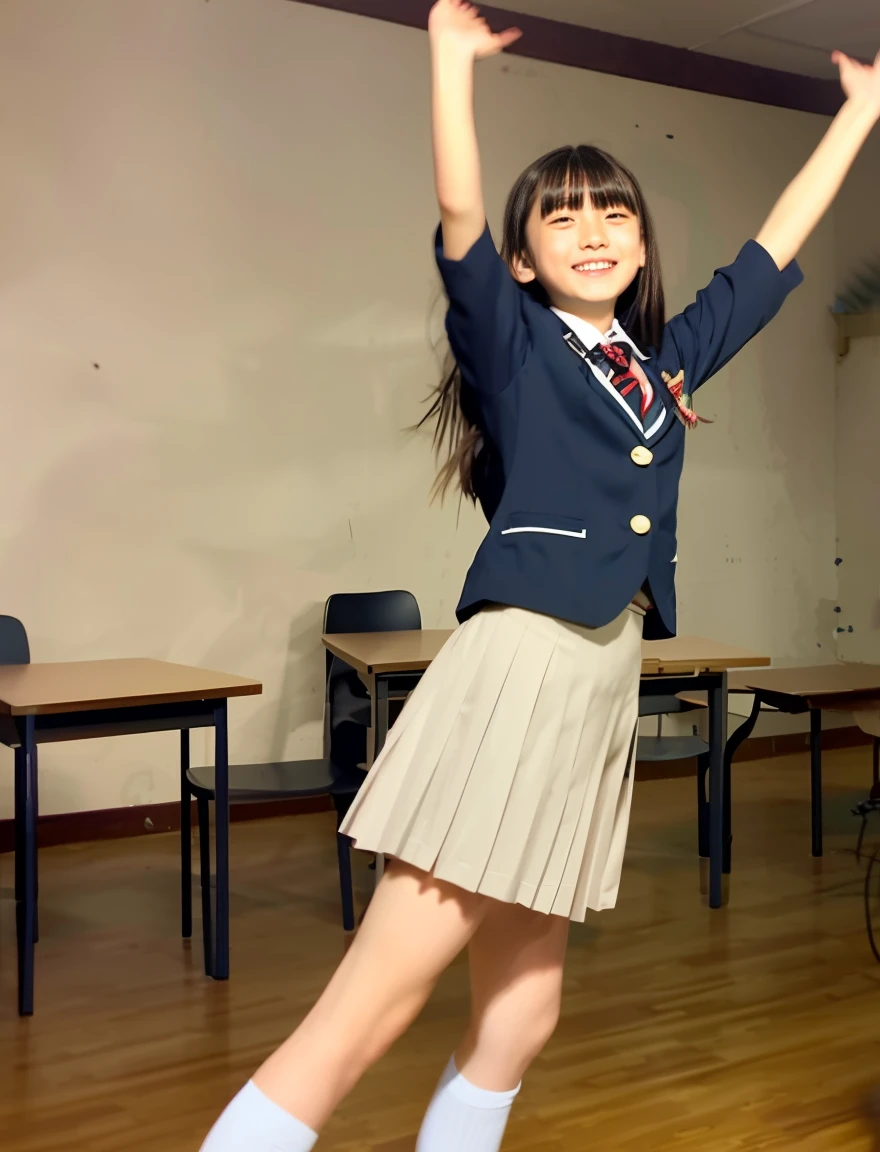 japanese school uniform、Female student、happy expression、15 years old、7 head and body、With bangs、dancing alone、dance violently、