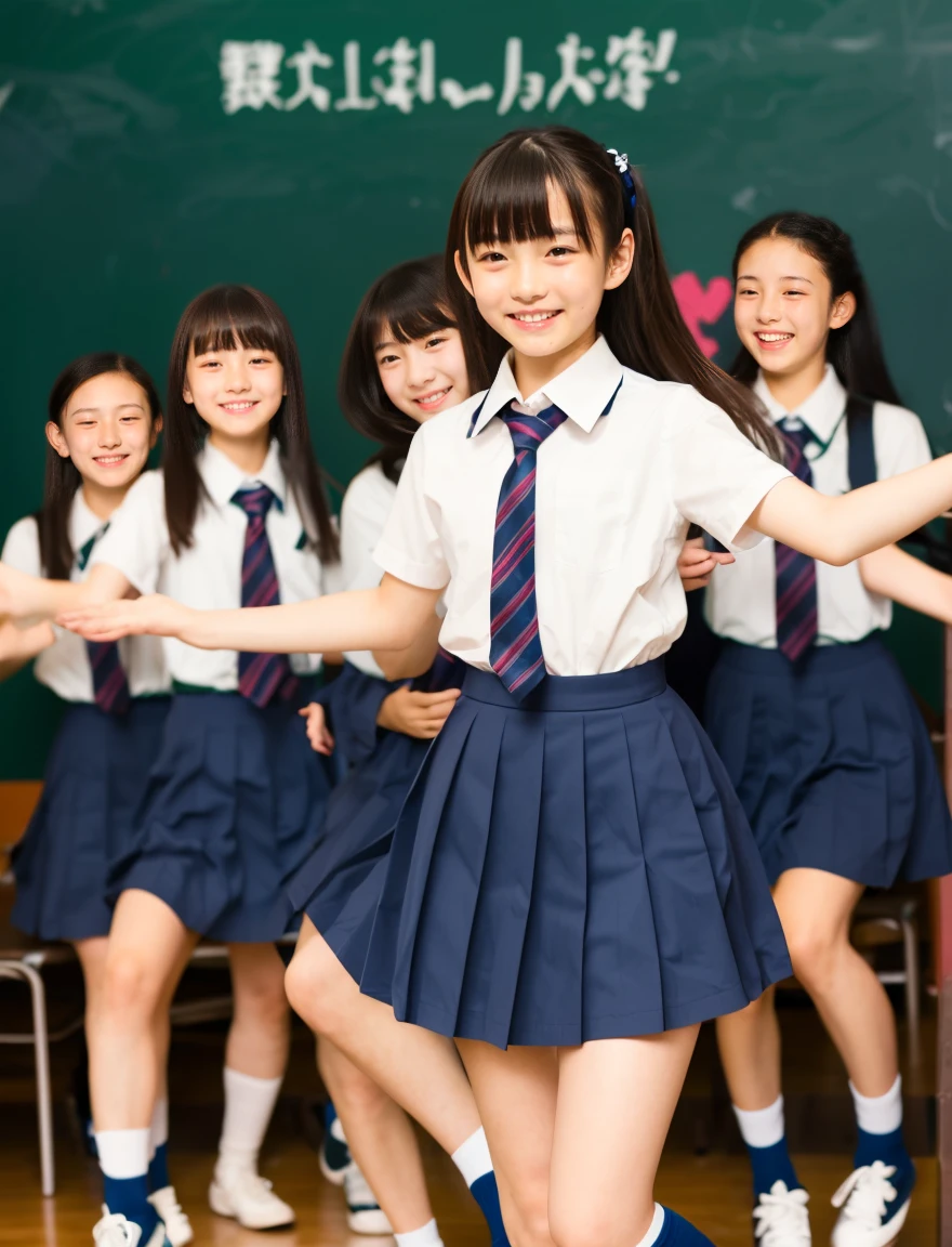 japanese school uniform、Female student、happy expression、15 years old、7 head and body、With bangs、dancing alone、dance violently、