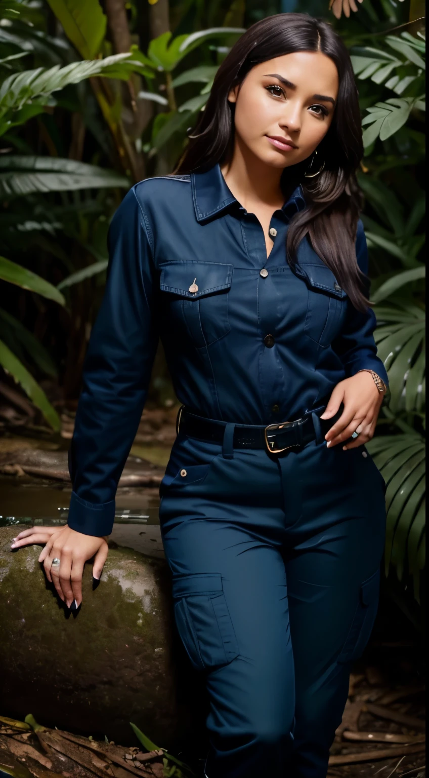 Foto hiperrealista en primer plano de Demi Lovato, masterpiece, best quality, (photorealistic:1.4), full body, (navy blue button-up shirt:1.2), (navy blue jacket:1.2), (navy blue tactical pants:1.2), Black knee high boots, in the jungle, beautiful woman, skinny, large breasts, straight brown hair, detailed face, smile, photo taken from a distance, age 25 tears old