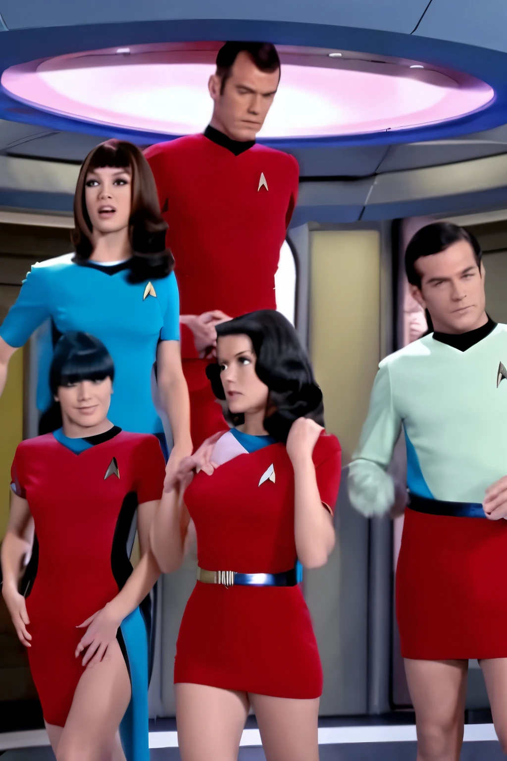 60s Star Trek Porn - Araffes in red dress posing with a group of women - SeaArt AI