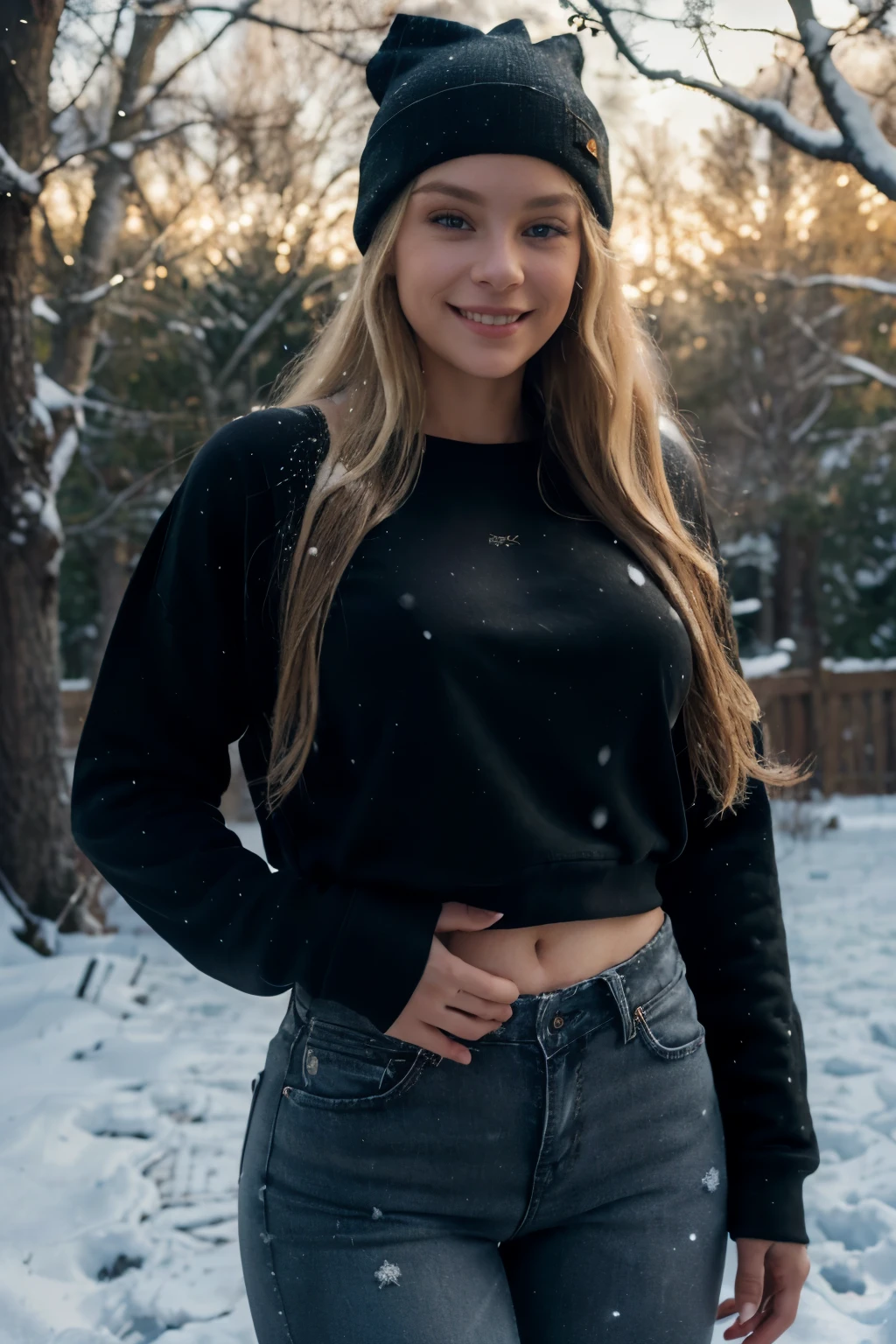 ((perfect photograph)), ((realistic)), ((8k)), (perfect face), gorgeous woman with long blonde wavy hair, huge , wearing a straight long black long sweat shirt and dark jeans and a black beanie, standing towards the camera, snowing, torso facing camera, outdoors, lots of light, smiling, large dark oak trees, lots of snow