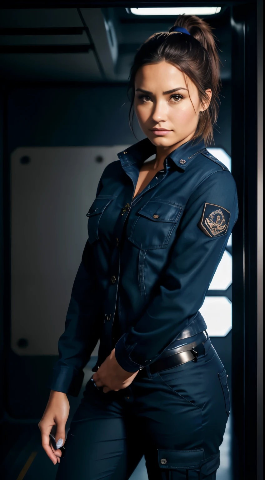 Foto hiperrealista en primer plano de Demi Lovato, masterpiece, best quality, (photorealistic:1.4), full body, (navy blue button-up shirt:1.2), (navy blue jacket:1.2), (navy blue tactical pants:1.2), Black knee high boots, in a spaceship room from a Star Wars movie, beautiful woman, skinny, large breasts, straight brown hair,hair tied in a ponytail, ponytail haircut, detailed face, smile, photo taken from a distance, age 25 tears old