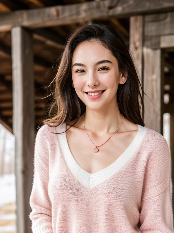 Gal, ripped muscle, muscular body, pale skin, smile(blush), v-neck sweater, thin necklace, [ultra detailed skin:1.2], 8k uhd, full body, stand, sweat, cum on face, crowd, public, wooden cabin,