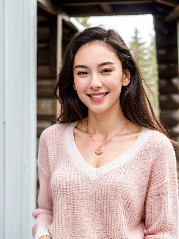 Gal, ripped muscle, muscular body, pale skin, smile(blush), v-neck sweater, thin necklace, [ultra detailed skin:1.2], 8k uhd, full body, stand, sweat, cum on face, crowd, public, wooden cabin,