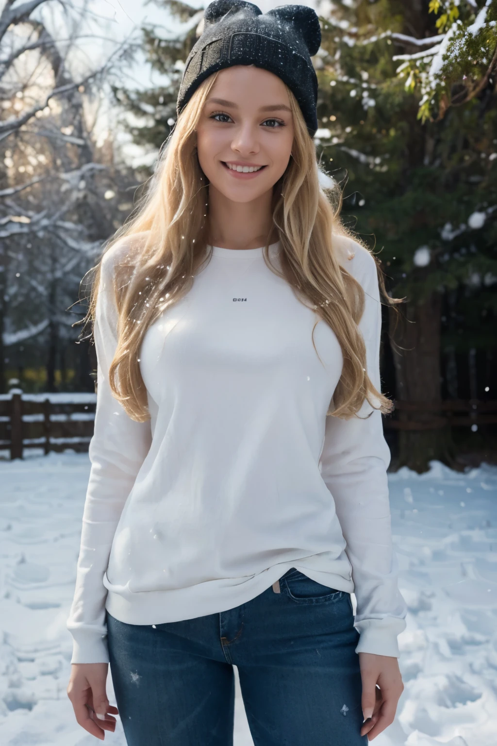 ((perfect photograph)), ((realistic)), ((8k)), (perfect face), gorgeous woman with long blonde wavy hair, huge , wearing a straight long white long sweat shirt and dark jeans and a black beanie, standing towards the camera, snowing, torso facing camera, outdoors, lots of light, smiling, large dark oak trees, lots of snow