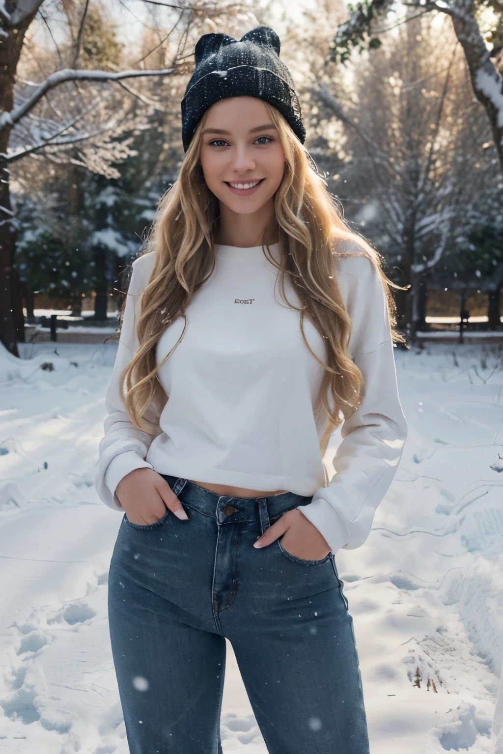 ((perfect photograph)), ((realistic)), ((8k)), (perfect face), gorgeous woman with long blonde wavy hair, huge , wearing a straight long white long sweat shirt and dark jeans and a black beanie, standing towards the camera, snowing, torso facing camera, outdoors, lots of light, smiling, large dark oak trees, lots of snow