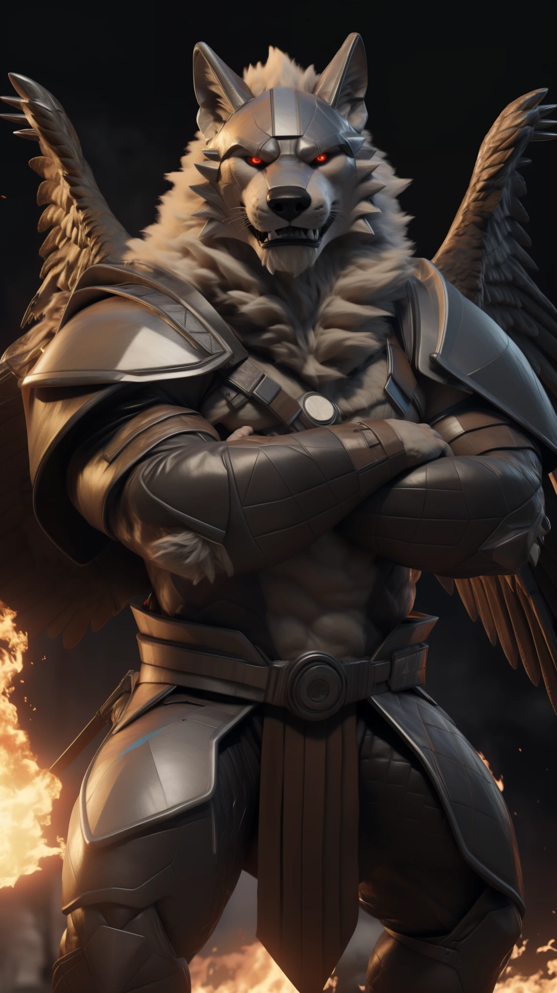 (best quality,16k,32k,highres,masterpiece:1.2),ultra-detailed,(realistic,photorealistic,photo-realistic:1.37),(the ultimate final boss Orochi ranok) looking at the viewer serious expression a realistic background of a San Diego Texas on fire bright red eyes wearing Wearing Cyborg Armor A super villain pose Black angel wings crossed arms expression of serious courageous and confident