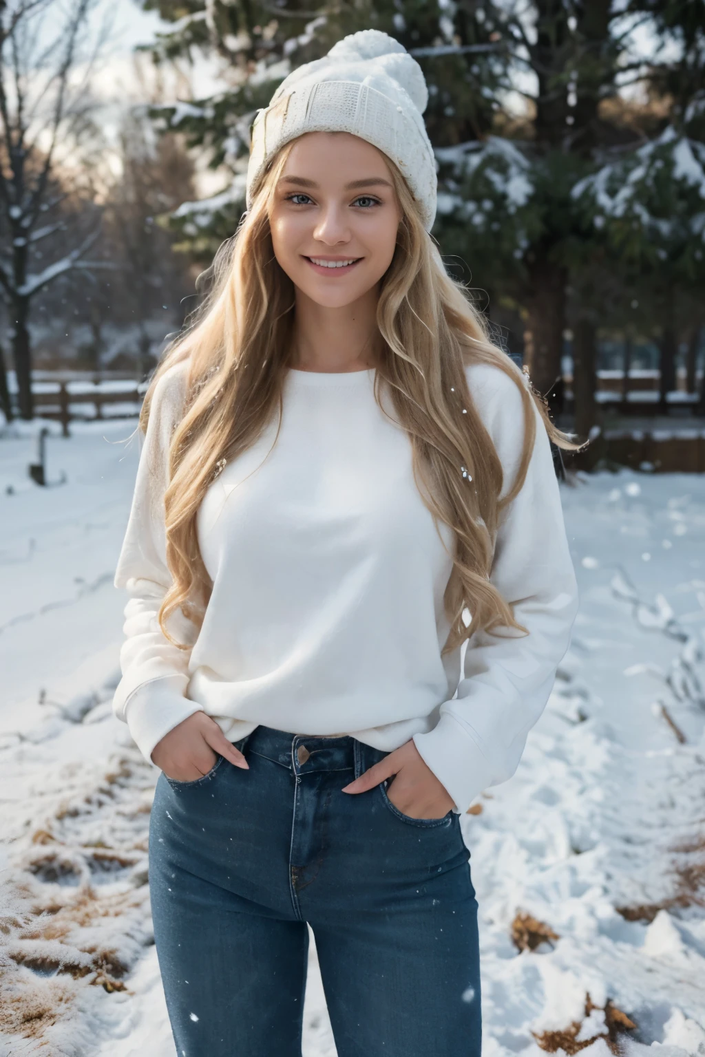 ((perfect photograph)), ((realistic)), ((8k)), (perfect face), gorgeous woman with long blonde wavy hair, huge , wearing a straight long white long sweat shirt and dark jeans and a black beanie, standing towards the camera, snowing, torso facing camera, outdoors, lots of light, smiling, large dark oak trees, lots of snow