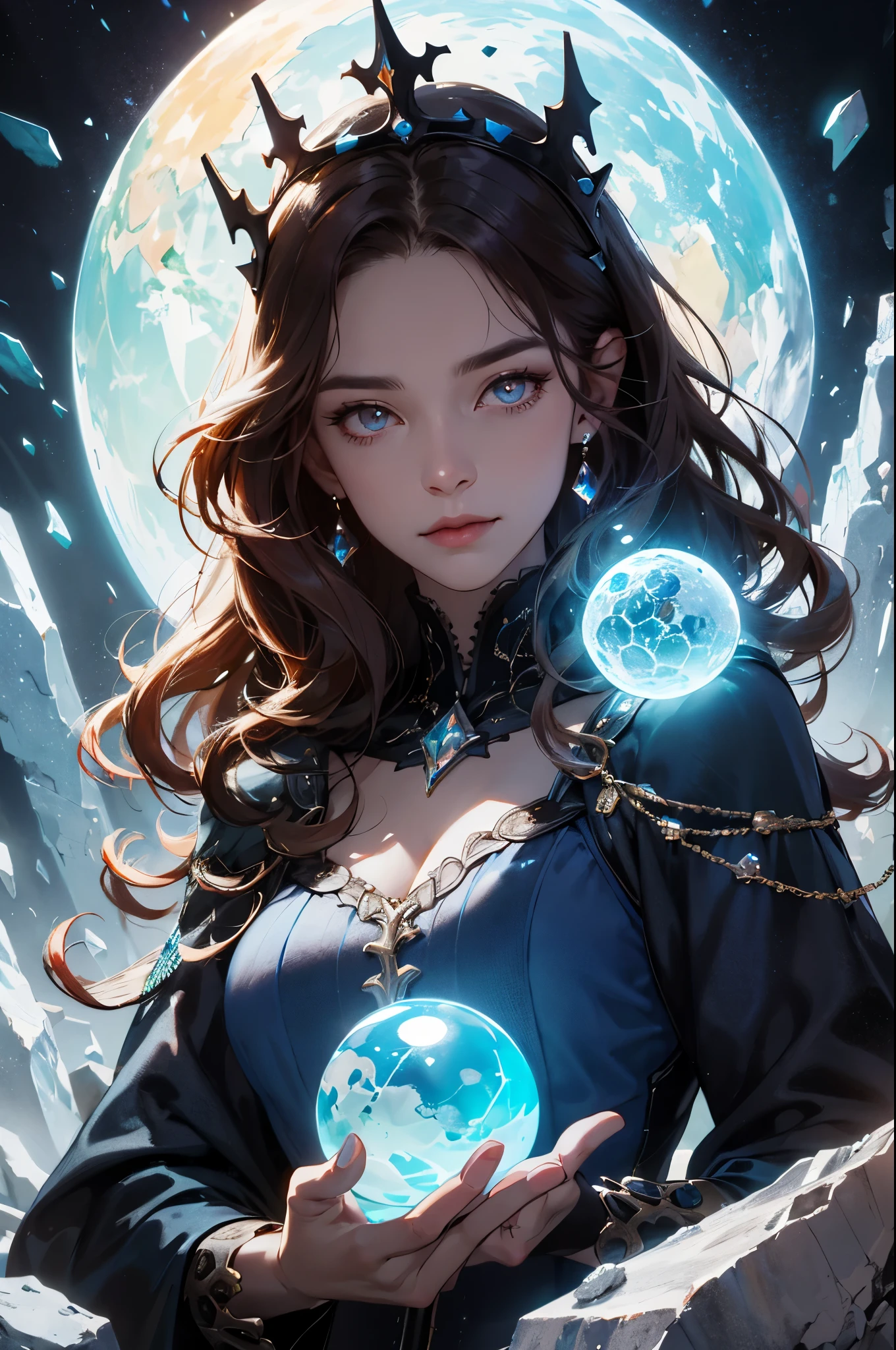 (absurdres, highres, ultra detailed), 1woman, mature female, aged up, wavy long hair, auburn hair, coral eyes, bangs, long sleeves, finely detailed eyes and detailed face, extremely detailed CG unity 8k wallpaper, intricate details, (style-swirlmagic:1.0),  looking at viewer, solo, upper body, detailed background, close up,  detailed face, (gothic dark ages theme:1.1), crystal sorcerer,  dynamic pose, earth themed clothes, crystal crown,  floating in the air, glowing magical shards, surrounded by blue magical crystals,  rock formations, stalactites,  magical floating particles, crystal glass,  crystal sphere, crystal canyon background, (shallow water:0.7),  epic ethereal atmosphere,   updraft,, portrait