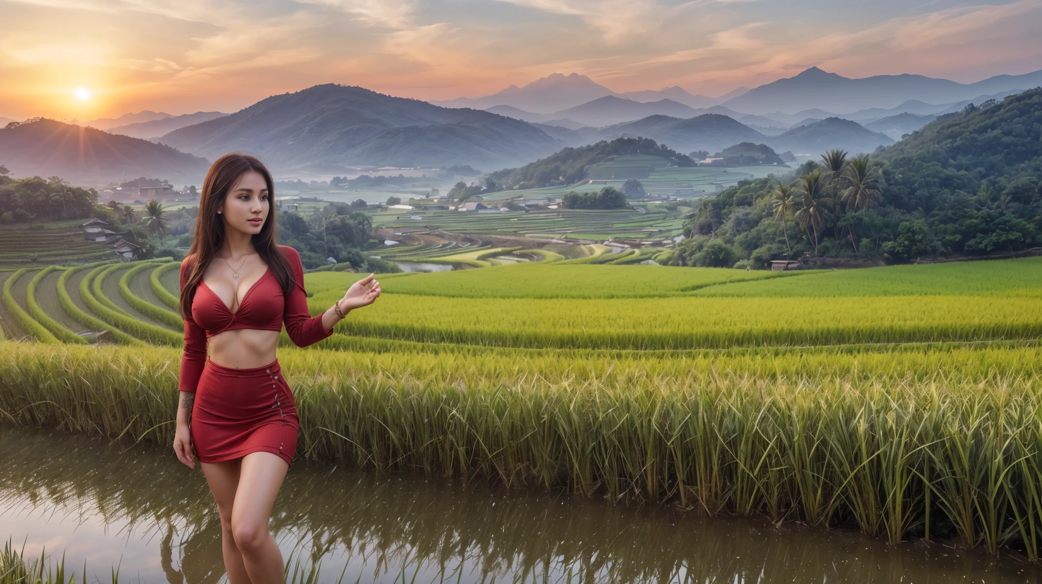 8k, masterpiece, RAW photo, best quality, photorealistic, extremely detailed CG unity 8k wallpaper, Depth of field, Cinematic Light, Lens Flare, Ray tracing, (extremely beautiful face, beautiful lips, beautiful eyes), intricate detail face, ((ultra detailed skin)), ((1girl:1.9)), ((alone:1.9)), ((seductively standing pose)), at sunrise next to the rice fields, deep shadow, [((Raiana-Elizabeth-Dilla:1.9))], pretty girl, (very slim slender fit-muscled body:1.3), ((beautiful legs:1.4)), ((looking at viewer)),(big smile:1), (sexy ((see-through)) ((ultra-short ((red:1.2)) casual-style uniform))), ((picturesque scenery, tranquil setting, awe-inspiring view, tranquil beauty, timeless charm, rural idyll, nature's masterpiece, rural life, peacefulness, quiet solitude, close connection to nature, verdant landscape, life-sustaining crop,serene atmosphere)), (rice fields, peaceful landscape, lush greenery, golden stalks of rice, waving in the breeze, rustic countryside, gentle slopes, terraced fields, traditional farming, vibrant colors, sunrise or sunset casting a warm glow, bountiful harvest, abundance, simplicity, agricultural beauty, organic cultivation, infinite stretch of rice paddies, symmetrical patterns), (blurred background:1.4), beautiful earrings, bracelets, necklace, red pendant, clear eyes, ((tattoos)), (pale skin), (face forward), ((whole-body-view)), ((full-body:1.8, cinematic shot)), soft lighting, (long black hairs), (looking at viewer:1.8), cleavage breasts, (large breasts:1.4), touching the breast, highly detailed, ultra realistic, extremely detailed and realistic ((red:1.2)) clothes.