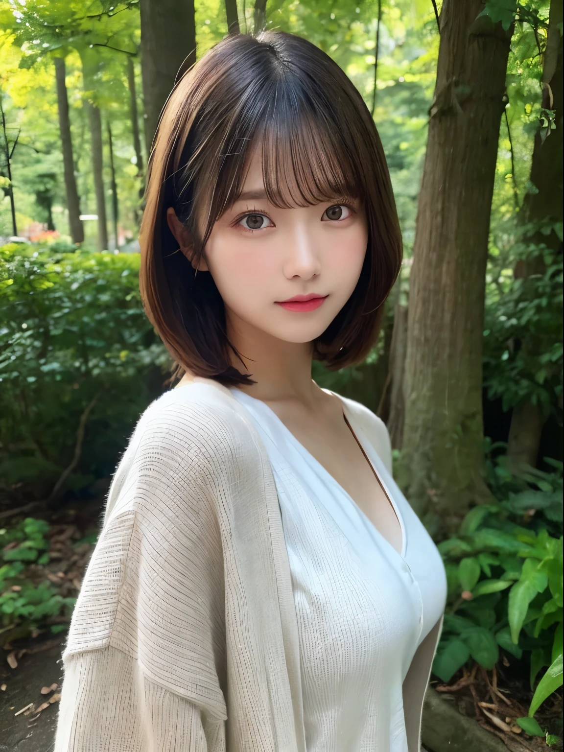 Detailed details,、hight resolution、hightquality、Perfect dynamic composition、Beautiful detailed eyes、short-hair、Small breasts、Natural Color Lip、Kamimei、Shibuya、20 years girl、1 persons、Transparent skin、Glowing hair、masutepiece、Best Quality、finely detail、hight resolution、8K、The correct state of the human body、randome pose、Gravure Model Pose、onepiece、cardigan、messy hair, forest, feminin pose