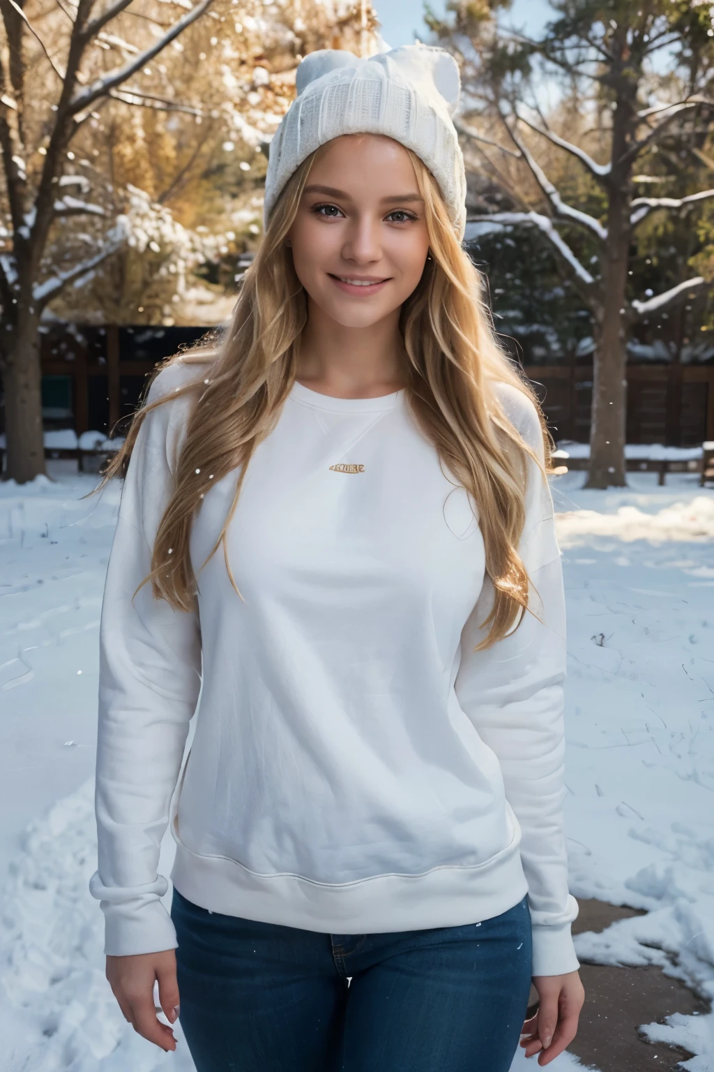 ((perfect photograph)), ((realistic)), ((8k)), (perfect face), gorgeous woman with long blonde wavy hair, huge , wearing a straight long white long sweat shirt and dark jeans and a black beanie, standing towards the camera, snowing, torso facing camera, outdoors, lots of light, smiling, large dark oak trees, lots of snow