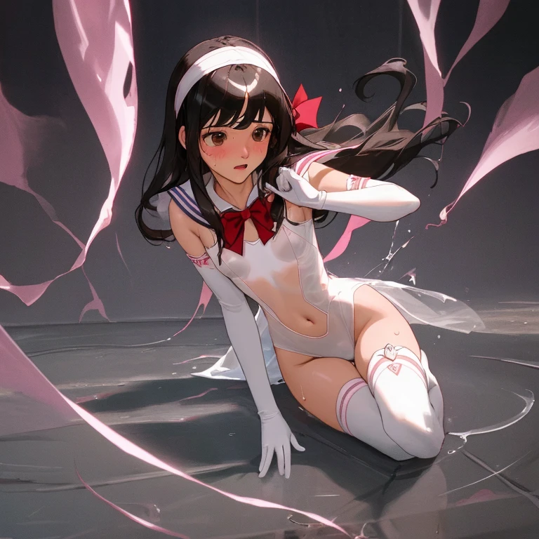 {{{{amazing quality, great quality, high quality, very aesthetic, aesthetic, best quality}}}}, 
realistic, photo, shadow, Three-dimensional, absurdres, Digital art, 
{{{{Magical girl}}}}, beautiful girl, one girl, 
black hair, long hair, straight hair, trimmed hair, shiny hair, blunt bangs, short sideburns, 
brown eyes, tareme, 
{{flat chest}}, {{small breasts}}, {{detailed body}}, slim thighs, thin thighs, 
{{white leotard}, {leotard peek}}, {{pink sailor collar}}, {{pink elbow_gloves}}, {{red boots}}, 
ribbon trim, red bow tie, heart brooch, thigh strap, white headband, white circlet, white cloak, 
{{both shoulders expose}}, {{covered navel}}, 
{{magic circle}}, distress, resistance, defeat, sexual pleasure, troubled face, 
orgasm, sensitive body, Sweat, trembling, 1girl, torn clothes, wet clothes, melted clothes, see through clothes, damaged clothes, monsters, 