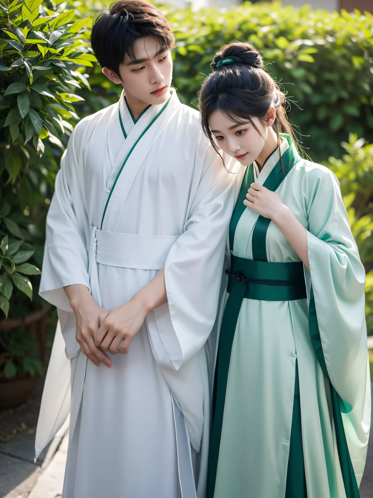 A boy wearing a white Ming-style Hanfu is blackmailing a girl wearing a green Ming-style Hanfu