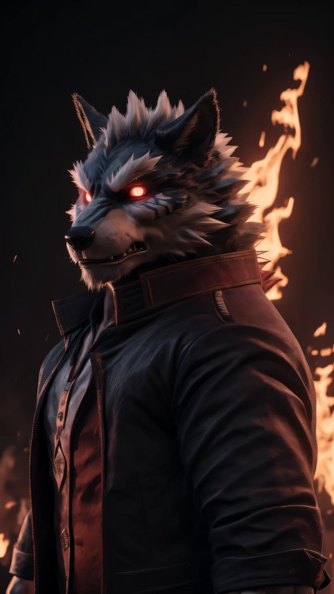 (best quality,8k,highres,masterpiece:1.2),ultra-detailed,(photorealistic:1.37),(the ultimate Orochi argo),red glowing eyes,staring at the viewer,detailed facial features,same design as Iori Yagami,background from The King of Fighters XV,fiery background,serious expression,on a realistic face,in 8k.