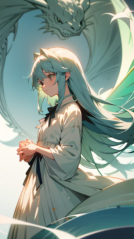 (: 1.5),, ribbon, (masterpiece, side light, delicate and beautiful うすいgray eyes), masterpiece, Fantastic, shining eyes, shiny hair, deep greenish blue hair, long hair, shiny skin, alone, dress, delicate, beautiful,White dragon in the background, filled with lots of light,anime illustration