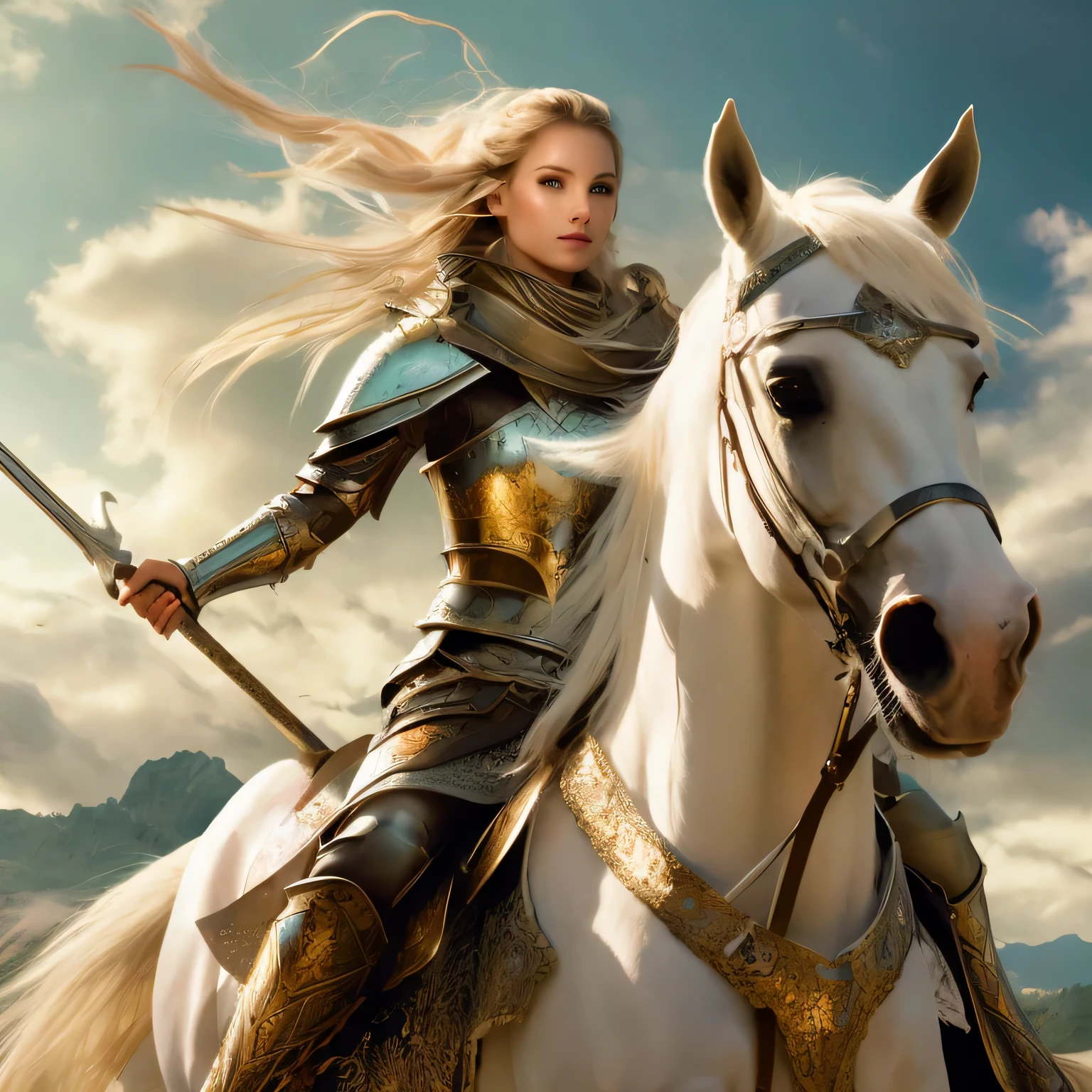 Blonde woman in armor riding a white horse，holding sword, picture of female paladin, fantasy paladin woman, beautiful female knight, portrait of female paladin, gorgeous female paladin, beautiful female knight