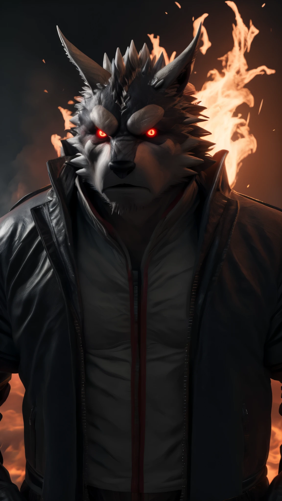 (best quality,8k,highres,masterpiece:1.2),ultra-detailed,(photorealistic:1.37),(the ultimate Orochi kuugo),red glowing eyes,staring at the viewer,detailed facial features,same design as Iori Yagami,background from The King of Fighters XV,fiery background,serious expression,on a realistic face,in 8k.