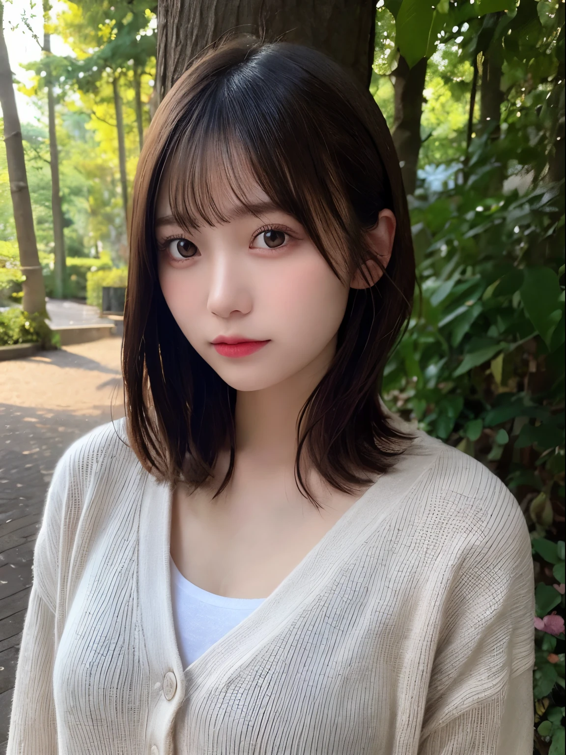 Detailed details,、hight resolution、hightquality、Perfect dynamic composition、Beautiful detailed eyes、short-hair、Small breasts、Natural Color Lip、Kamimei、Shibuya、20 years girl、1 persons、Transparent skin、Glowing hair、masutepiece、Best Quality、finely detail、hight resolution、8K、The correct state of the human body、randome pose、Gravure Model Pose、onepiece、cardigan、messy hair, forest, feminin pose