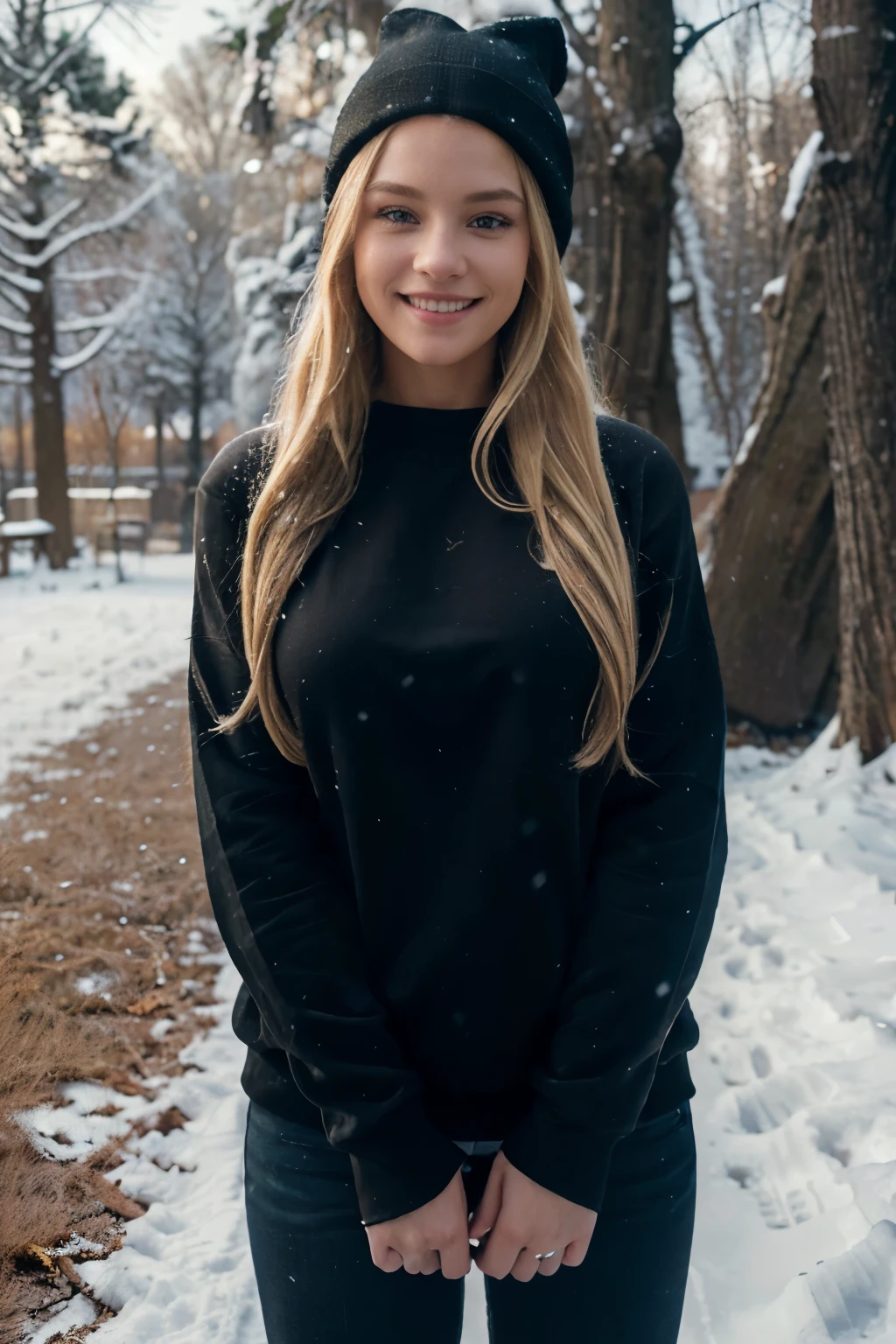 ((perfect photograph)), ((realistic)), ((8k)), (perfect face), gorgeous woman with long blonde wavy hair, huge , wearing a straight long black long sweat shirt and dark jeans and a black beanie, standing towards the camera, snowing, torso facing camera, outdoors, lots of light, smiling, large dark oak trees, lots of snow