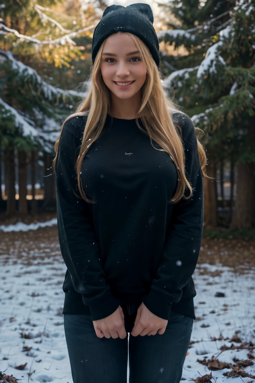 ((perfect photograph)), ((realistic)), ((8k)), (perfect face), gorgeous woman with long blonde wavy hair, huge , wearing a straight long black long sweat shirt and dark jeans and a black beanie, standing towards the camera, snowing, torso facing camera, outdoors, lots of light, smiling, large dark oak trees, lots of snow