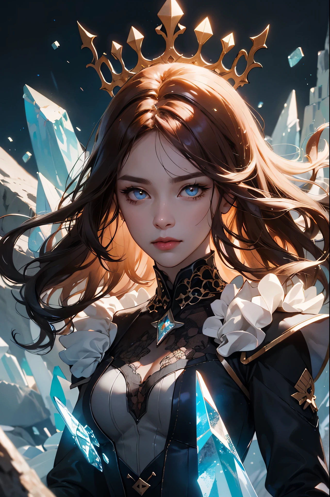 (absurdres, highres, ultra detailed), 1woman, mature female, aged up, wavy long hair, auburn hair, coral eyes, bangs, long sleeves, finely detailed eyes and detailed face, extremely detailed CG unity 8k wallpaper, intricate details, (style-swirlmagic:1.0), looking at viewer, solo, upper body, detailed background, close up, detailed face, (gothic dark ages theme:1.1), crystal sorcerer, dynamic pose, earth themed clothes, crystal crown, floating in the air, glowing magical shards, surrounded by blue magical crystals, rock formations, stalactites, magical floating particles, crystal glass, crystal sphere, crystal canyon background, (shallow water:0.7), epic ethereal atmosphere, updraft,, portrait