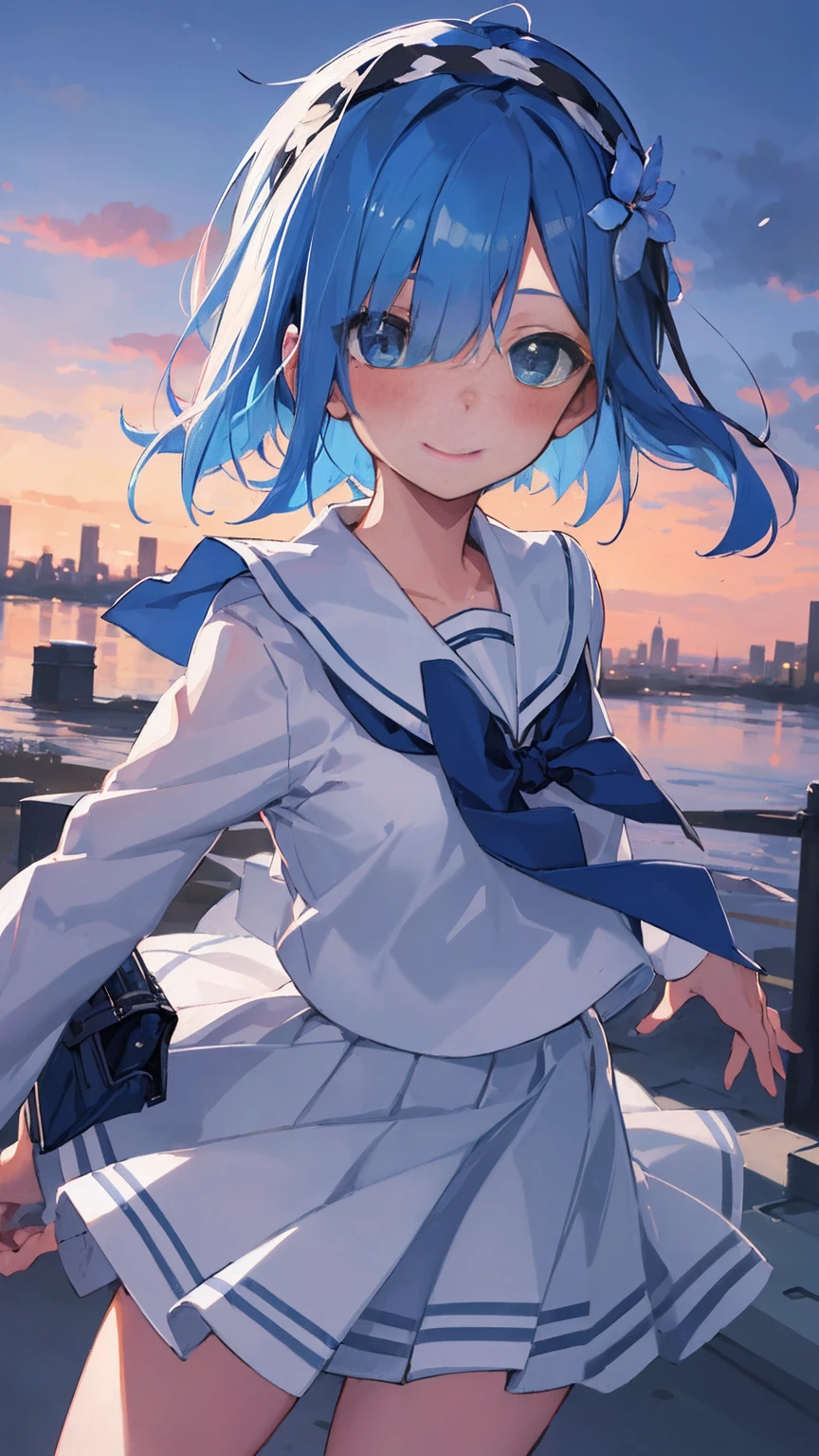 blue hair, Againm \(Again:zero\), [smile], blush, city,, masterpiece, highest quality, perfect lighting, 1 girl, skirt, medium bAgainasts,school uniform，sailor suit，bob cut，bob hair，hair above one eye、hair accessories、Flower headband