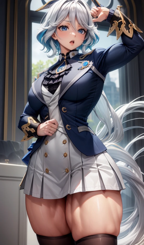 furina, (muscular female:1.1),school uniform jacket, skirt, ,muscular thighs
masterpiece, best quality,  extremely detailed face, perfect lighting, extremely detailed CG,open mouth,