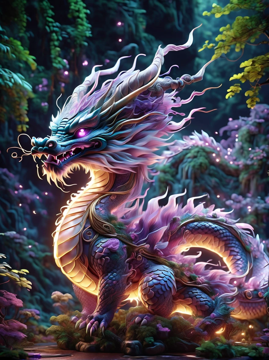Inspired by Pokémon’s electric creatures,Create 3D renderings of adorable fantasy creatures with electric properties,1 elegant and ethereal light beige cute cartoon Chinese dragon,Majestic and slender figure,((Huge dark purple dragon horns)),Mysterious aura。Chinese dragons have smooth dark purple skin,The back has white skin and natural scaly skin。Its eyes are sharp and intelligent。Cute cartoon Chinese dragon standing proudly in the enchanted forest,The huge dragon horns and slender body are even more prominent against the surrounding ethereal light and faint shimmer.,Highlighting its magical nature。