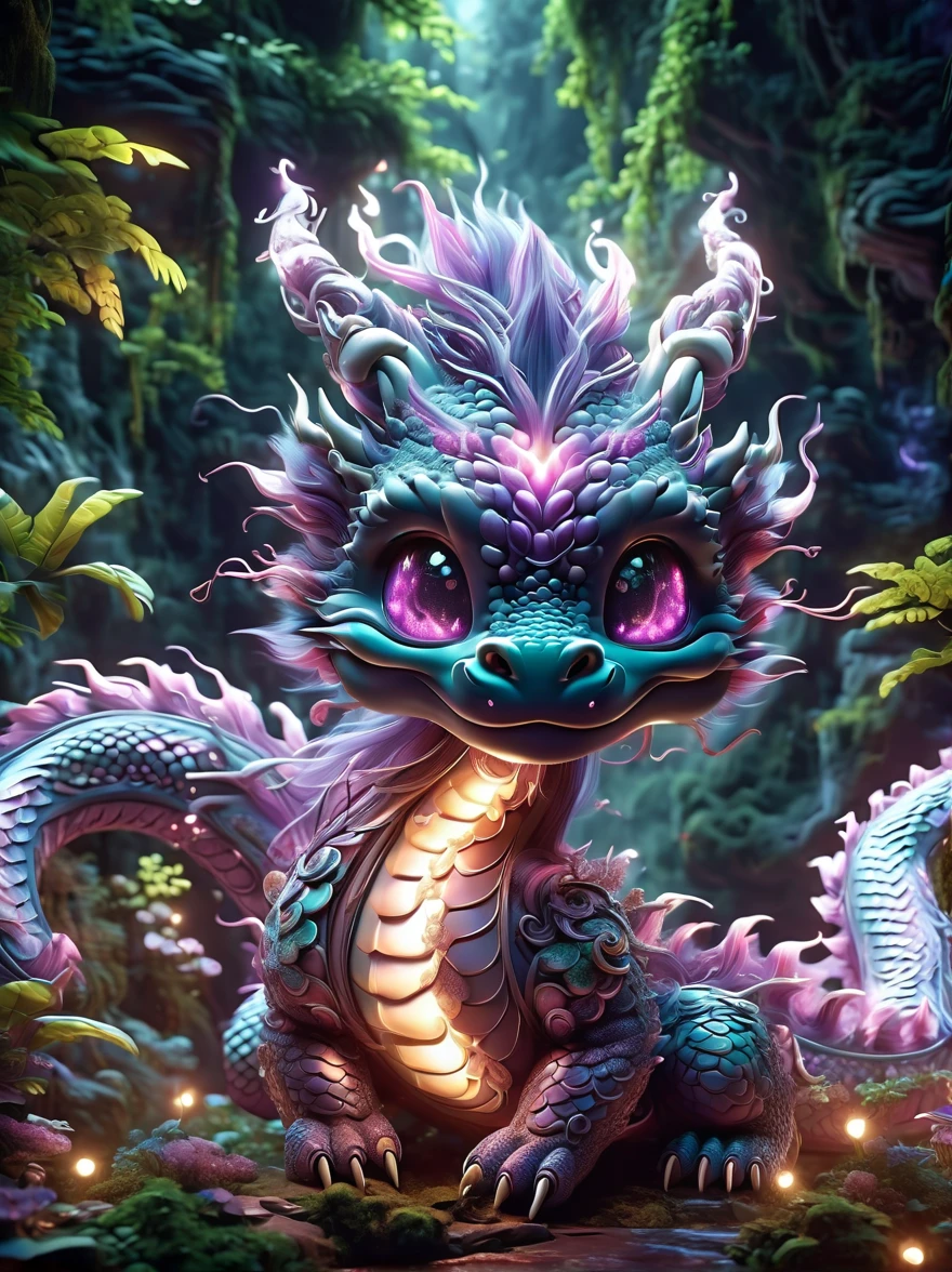 Inspired by Pokémon’s electric creatures，Create 3D renderings of adorable fantasy creatures with electric properties，1 elegant and ethereal light beige cute cartoon Chinese dragon，Majestic and slender figure，((Huge dark purple dragon horns))，Mysterious aura。Chinese dragons have smooth dark purple skin，The back has white skin and natural scaly skin。Its eyes are sharp and intelligent。Cute cartoon Chinese dragon standing proudly in the enchanted forest，The huge dragon horns and slender body are even more prominent against the surrounding ethereal light and faint shimmer.，Highlighting its magical nature。