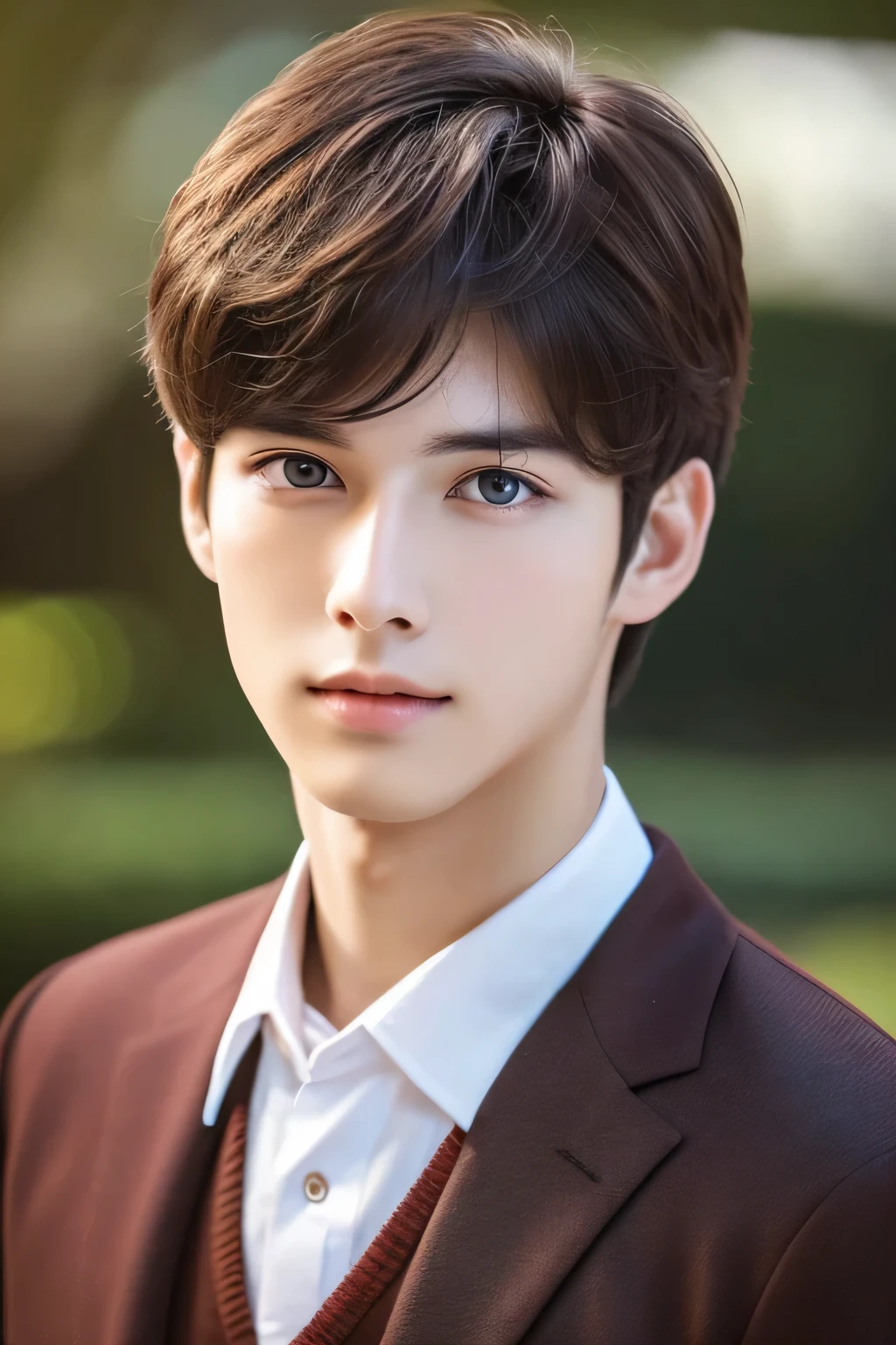 A young and beautiful 23 year old man、I'm looking for a masterpiece photo that captures his exquisite features.. he wants super high resolution, Really detailed RAW photos. this gentleman has big eyes, dark brown hair, Fair skin, and a cute, Boyish charm. A slim physique enhances his overall attractiveness, Focus on the image from the chest up。. Expect professional craftsmanship and the highest quality finish., This photo highlights his charm、Aimed at creating timeless memories.