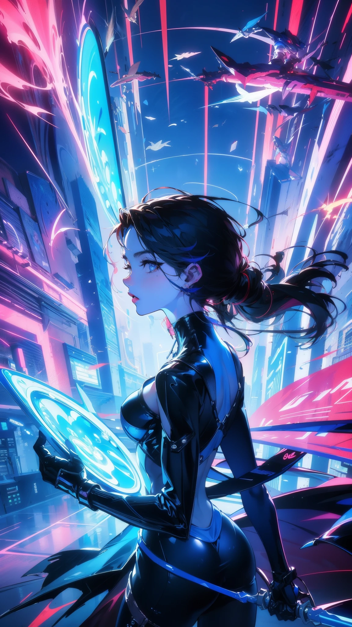 (Masterpiece, Top quality, Best quality, offcial art, Beautiful and aesthetic:1.2),(Blue-violet Neon Lighting), (Vibrant glow), Dynamic colors, Striking contrast, futuristic vibe, electric energy,shiny reflective surfaces,(Cityscape:1.3),8K,offical wallpaper, 最好质量，It's best to draw style
