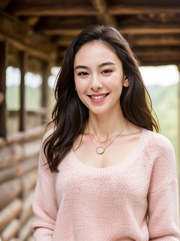 Gal, ripped muscle, muscular body, pale skin, smile(blush), sweater, thin necklace, [ultra detailed skin:1.2], 8k uhd, full body, stand, sweat, cum on face, crowd, public, wooden cabin,
