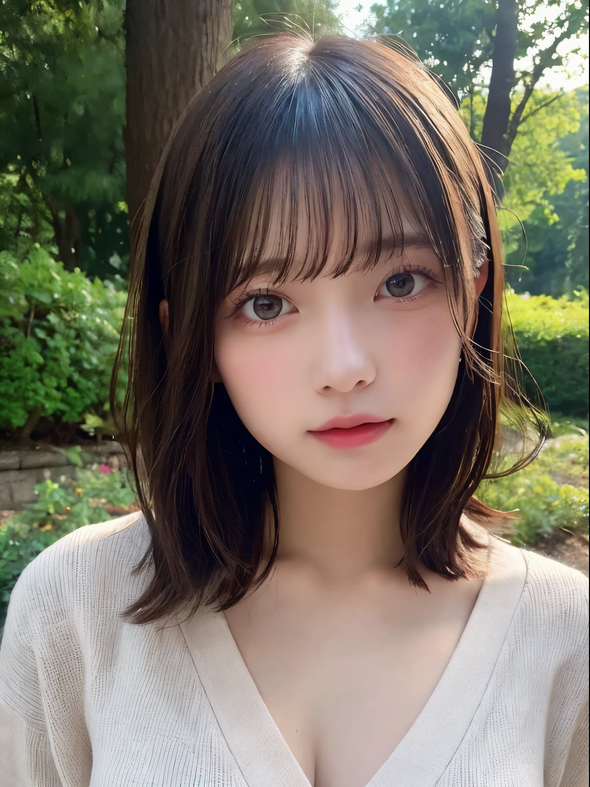 Detailed details,、hight resolution、hightquality、Perfect dynamic composition、Beautiful detailed eyes、short-hair、Small breasts、Natural Color Lip、Kamimei、Shibuya、20 years girl、1 persons、Transparent skin、Glowing hair、masutepiece、Best Quality、finely detail、hight resolution、8K、The correct state of the human body、randome pose、Gravure Model Pose、onepiece、cardigan、messy hair, forest, feminin pose