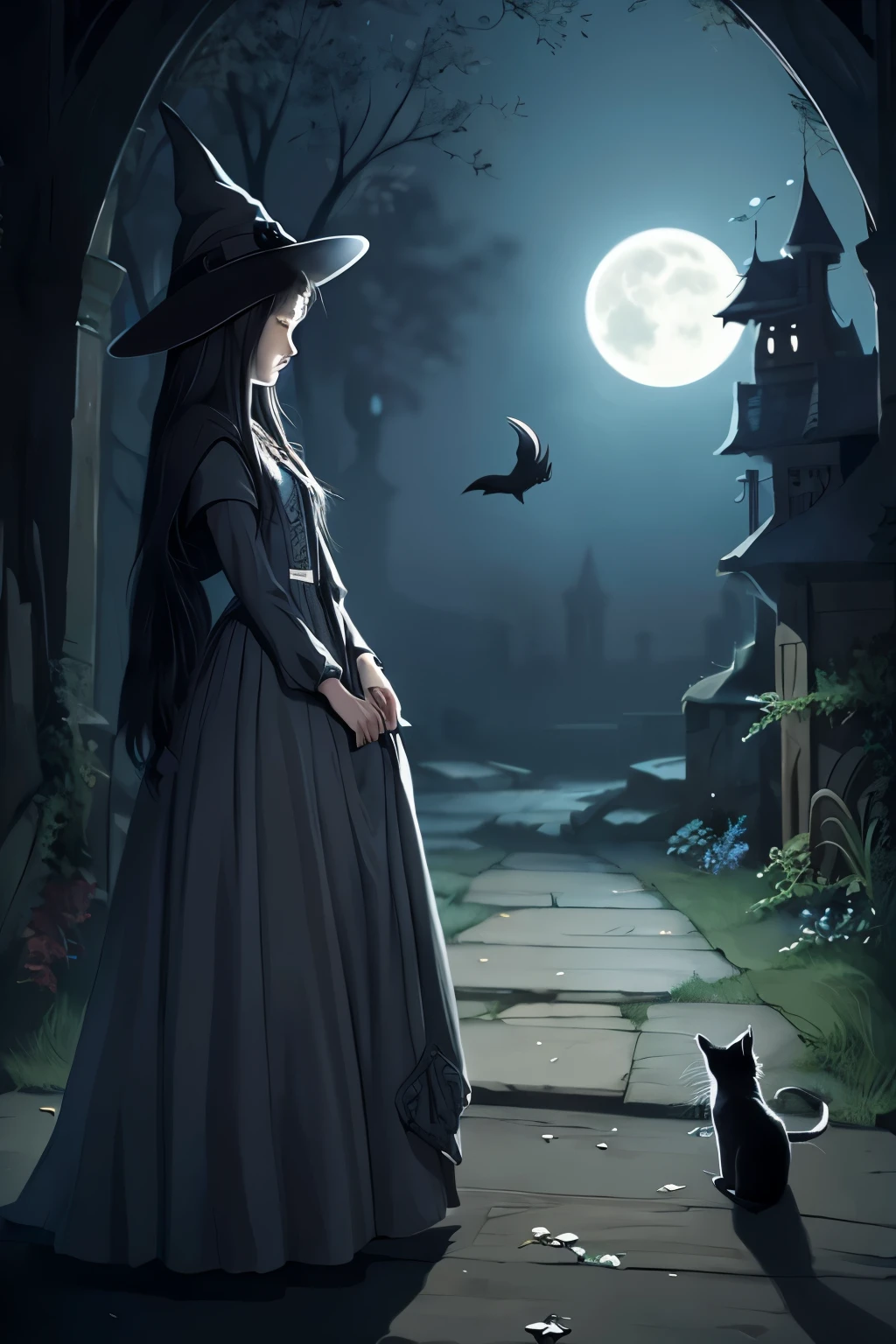 A gray cat and its owner, a busy young witch、dark fantasy、With a picture book style touch for children、masterpiece