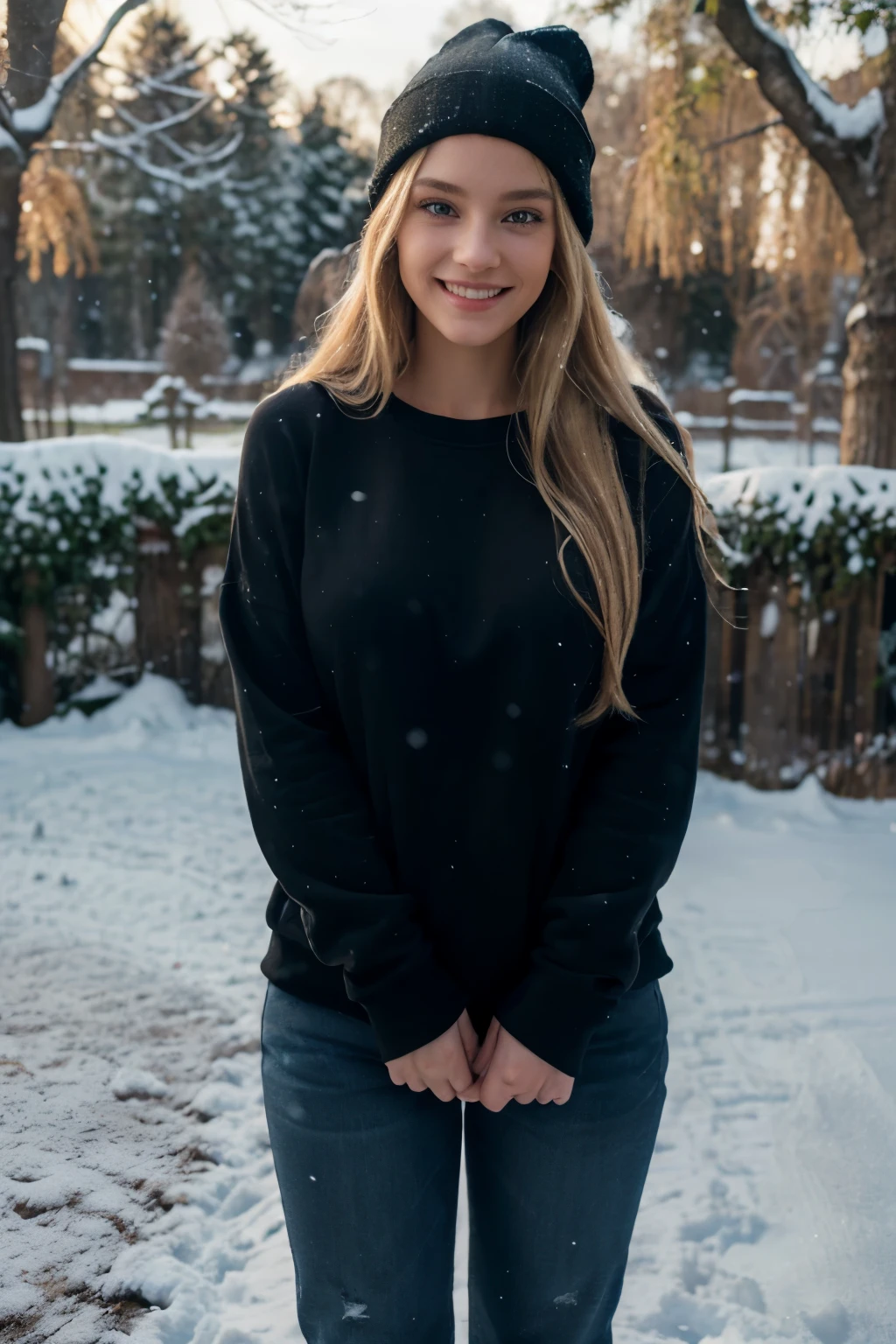 ((perfect photograph)), ((realistic)), ((8k)), (perfect face), gorgeous woman with long blonde wavy hair, huge , wearing a straight long black long sweat shirt and dark jeans and a black beanie, standing towards the camera, snowing, torso facing camera, outdoors, lots of light, smiling, large dark oak trees, lots of snow