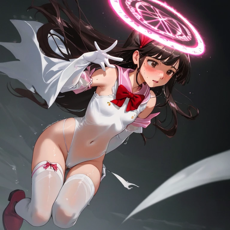 {{{{amazing quality, great quality, high quality, very aesthetic, aesthetic, best quality}}}},
realistic, photo, shadow, Three-dimensional, absurdres, Digital art,
{{{{Magical girl}}}}, beautiful girl, one girl,
black hair, long hair, straight hair, trimmed hair, shiny hair, blunt bangs, short sideburns,
brown eyes, tareme,
{{flat chest}}, {{small breasts}}, {{detailed body}}, slim thighs, thin thighs,
{{white leotard}, {leotard peek}}, {{pink sailor collar}}, {{pink elbow_gloves}}, {{red boots}},
ribbon trim, red bow tie, heart brooch, thigh strap, white headband, white circlet, white cloak,
{{both shoulders expose}}, {{covered navel}},
{{magic circle}}, distress, resistance, defeat, sexual pleasure, troubled face,
orgasm, sensitive body, Sweat, trembling, 1girl, torn clothes, wet clothes, melted clothes, see through clothes, damaged clothes, monsters, attack,