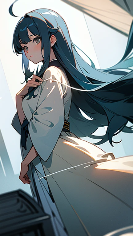 (: 1.5),, ribbon, (masterpiece, side light, delicate and beautiful うすいgray eyes), masterpiece, wonderful, shining eyes, shiny hair, deep greenish navy blue hair, long hair, shiny skin, alone, glittering dress, delicate, beautiful,White dragon in the background, filled with lots of light,anime illustration