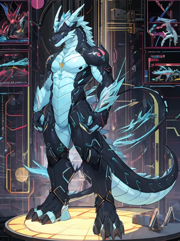 male, synthesizer (Widersan), , Android, dragon, 银dragon, 机器dragon, Cyber city，nude，Mechanobiology，full body portrait，Character modeling diagram