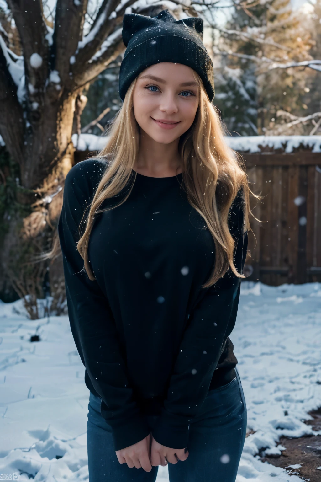 ((perfect photograph)), ((realistic)), ((8k)), (perfect face), gorgeous woman with long blonde wavy hair, huge , wearing a straight long black long sweat shirt and dark jeans and a black beanie, standing towards the camera, snowing, torso facing camera, outdoors, lots of light, smiling, large dark oak trees, lots of snow, bright blue eyes