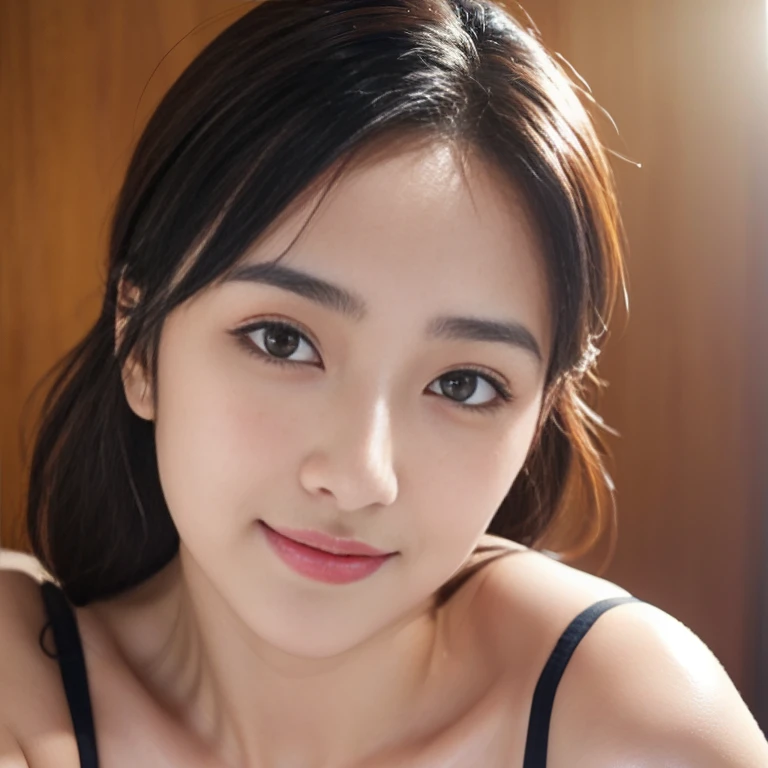 Soft blush,smile,Detailed Pupils, , ( ,), looking at the audience,Beautiful Girl Woman,(Skindentation:1.2), sweatyshiny skin, bestquality, ultra-high resolution, (photorealistic portrait:1.4), wear tanktop,cleavage