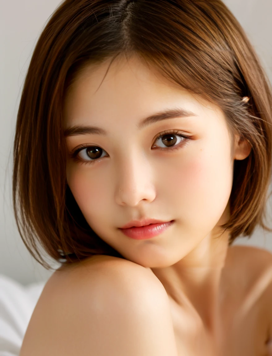 Japanese beauty、Completely naked、Loving look、20-year-old、7 head and body、bed、I love you、Moist eyes、short layered hair、drooping eyebrows