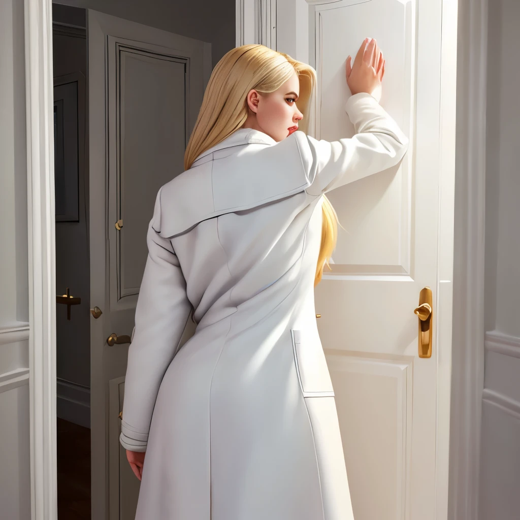 (highest quality:1.5), (masterpiece:1.5), (simple room:1.2), white wall, solo, female, blonde, Glamour, (super huge :1.9), 20-year-old, Are standing, (wearing a white coat:1.2), (shoot from behind:1.5), There is a door, (looking back:1.2), (close-up body:1.1)