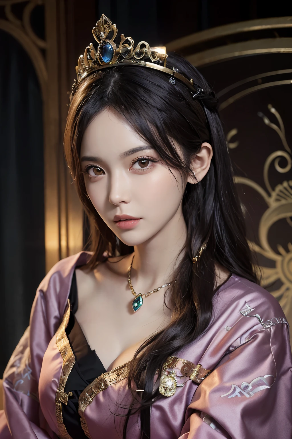 Copium -- a weary, regal empress, clad in intricately designed Chinese robes adorned with an excess of phoenix patterns, her flawless face a stark contrast to her aged and fatigued appearance. Her deep-set, sharp brown eyes bore the weight of endless years, their lids heavy with sorrow. Her pink and white complexion, adorned with delicate makeup and a touch of blush, was framed by wistfully falling hip-length black hair. Her crown, a crown of gold and precious gems, sat heavily upon her brow. Her shoulders, broad from bearing the burden of her reign, were revealed by the gap between her open, flowy robes.