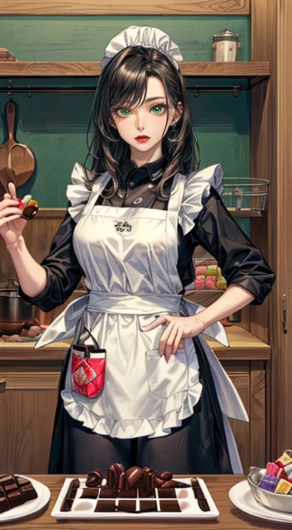 (((masterpiece, high quality, disorganized), 1 female, black hair, straight hair,green eyes, perfect face, perfect body, big breasts, sports organizations, low length, (((very white skin))), solo, detailed eyes and face, compensate, red lips, apron, cook costume, chocolateとキャンディーをラメキンに注ぎます, chocolate & candy making, kitchen, table, flat, chocolates and candies on the table