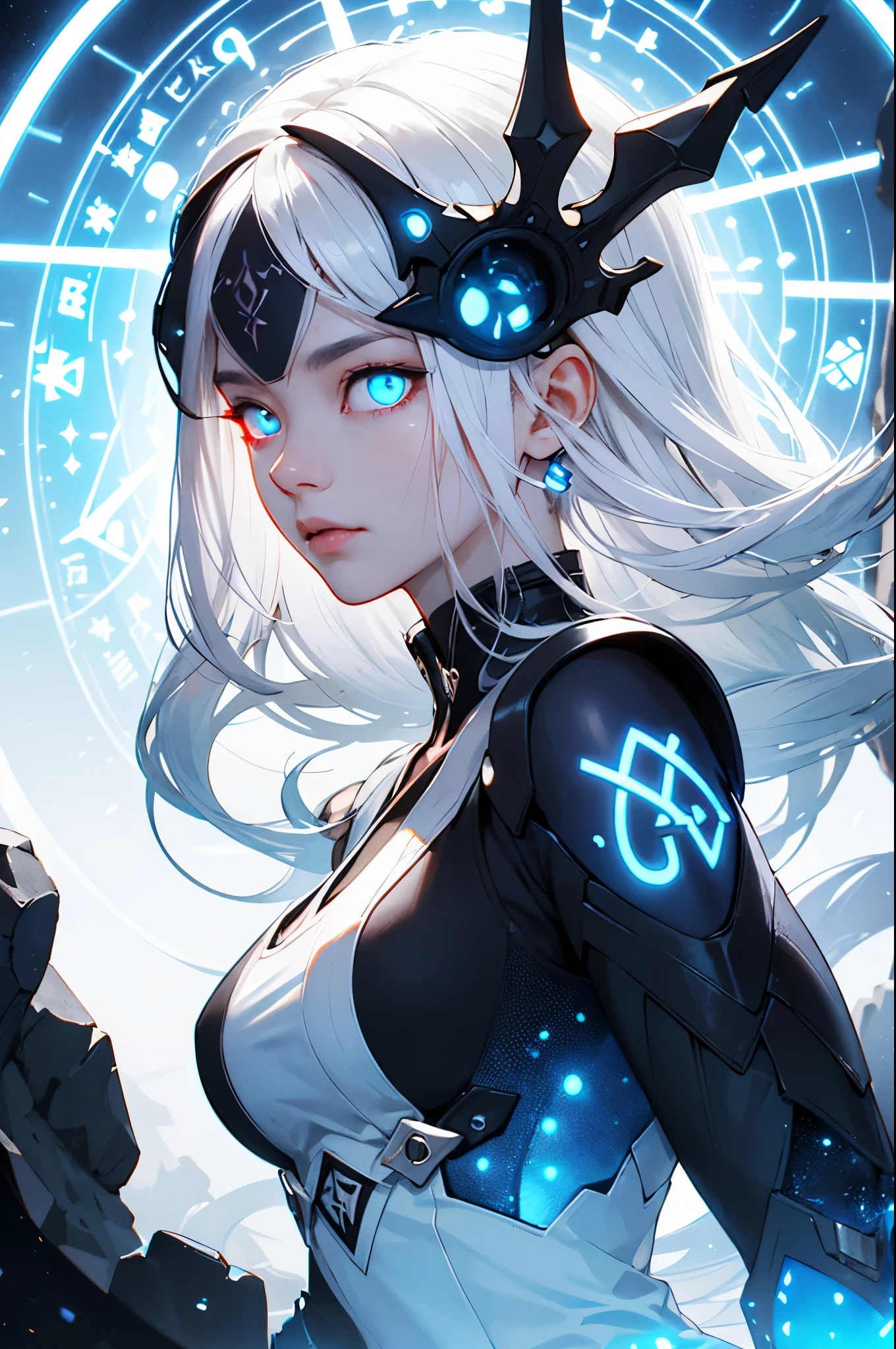 ((upper body)), best quality, masterpiece, a Japanese woman with ((Luminescence white hair)), ((detailed pearl blue eye)), high detailed goddess soul, focus on character, solo, (style swirl magic), solo, from front, front view, looking at viewer, detailed face, ((Luminescence Lighting Magic Circle theme)), perched on a ledge, tight neon body, light streaks, dark abyssal wanderer abstract, ((Simple Luminescence Neon Gown)), inscribed with mystical runes, outdoor dystopian background,