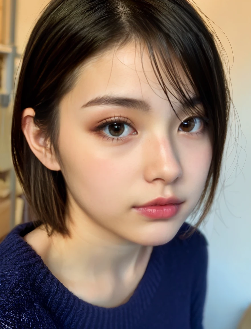 Japanese beauty、Completely naked、Loving look、20-year-old、7 head and body、bed、I love you、Moist eyes、short layered hair、sharpen one's lips、